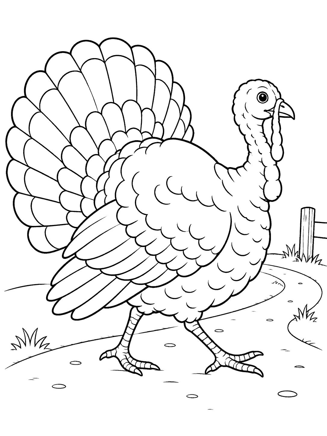 A large, fan-tailed turkey walking along a curving path, with a fence post and tufts of grass nearby.