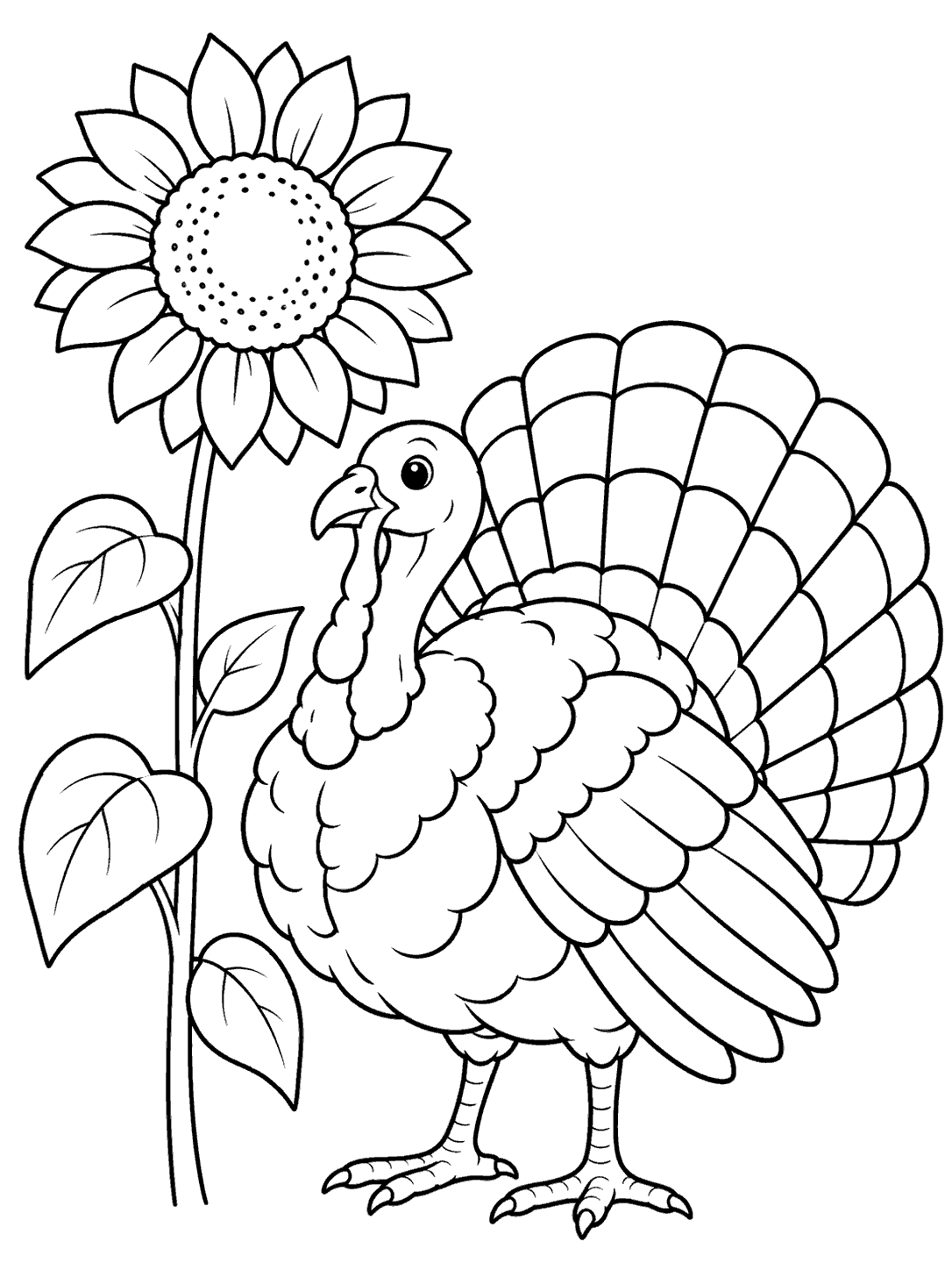 An adult turkey with a wide fan of feathers stands beside a tall sunflower with broad petals and a large open center.