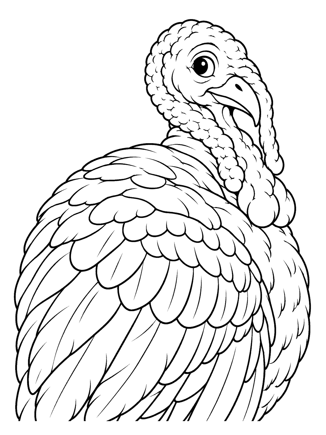 Bold black line art of a turkey looking back over its shoulder, with a prominent beak and wattle above its layered wing feathers.