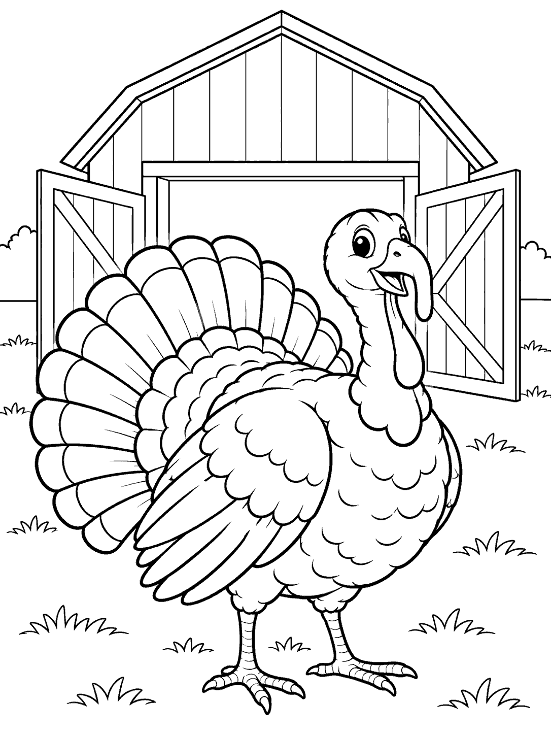 A full-body turkey with a fan-shaped tail stands in front of a small barn with two open doors.