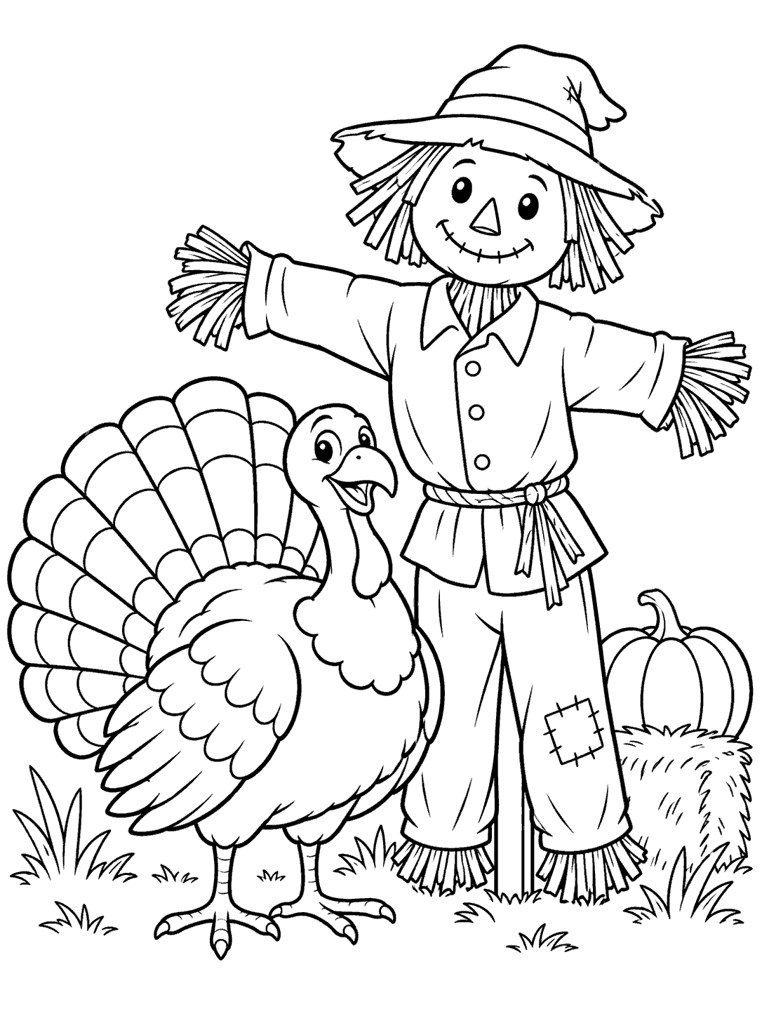 A turkey beside a friendly scarecrow wearing a floppy hat, with pumpkins and grass nearby.