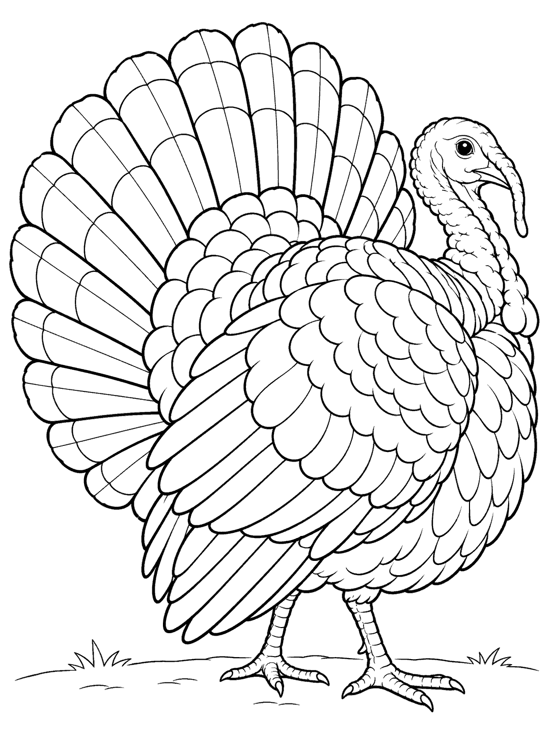 Black-outline coloring page of a turkey viewed from behind at an angle, with a broad fan-shaped tail, simple feet, and a small ground line.