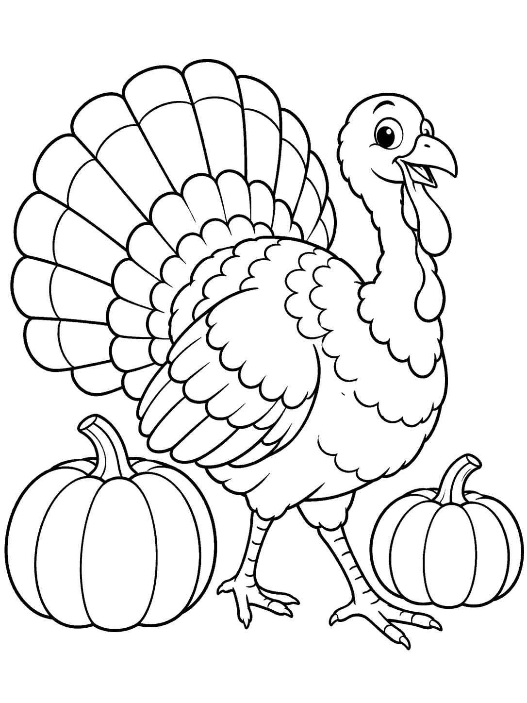 A turkey walking between two pumpkins at different heights, in clean black outlines on white.