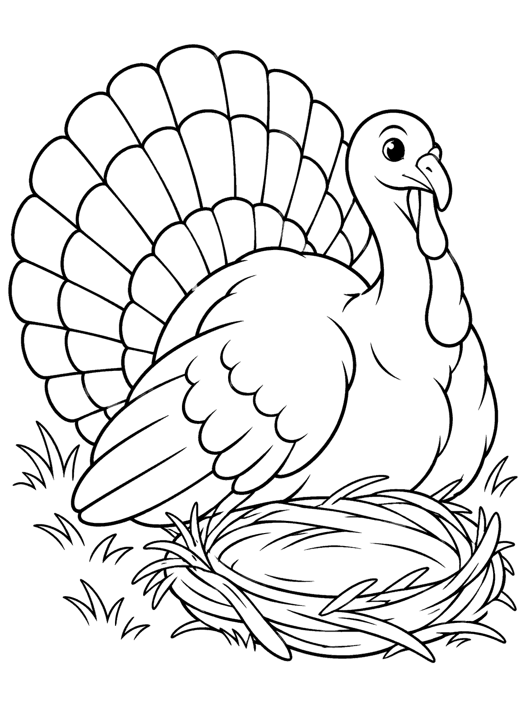 A large turkey with a fan-shaped tail resting beside a shallow nest of curved straw lines, with small grass tufts nearby.