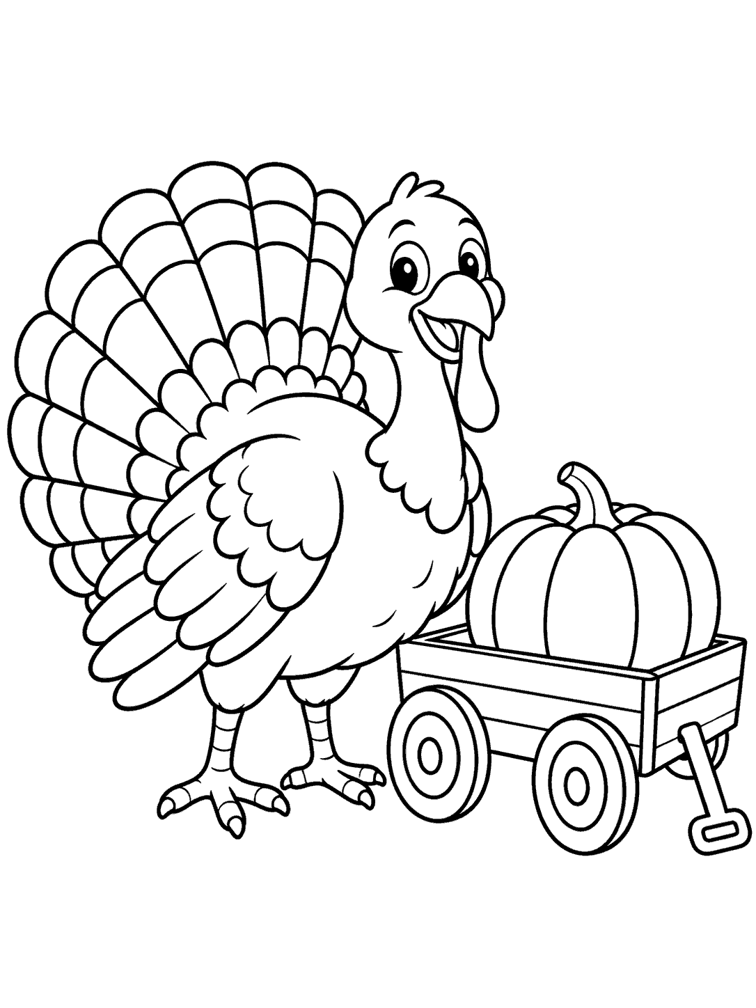 A smiling turkey beside a two-wheel wagon carrying one pumpkin.