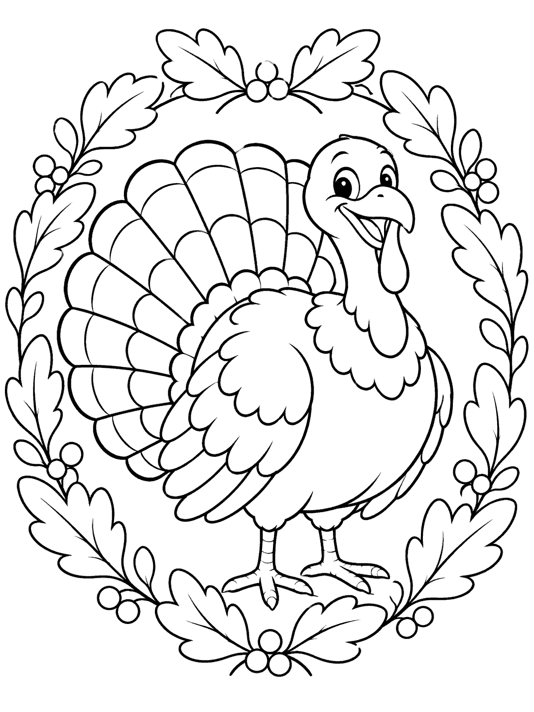 A friendly turkey with a fan-shaped tail centered inside a leafy wreath with berries.