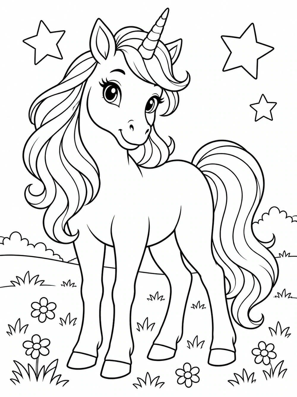 A full-body unicorn with a flowing mane and tail stands among meadow flowers and grass beneath three stars.