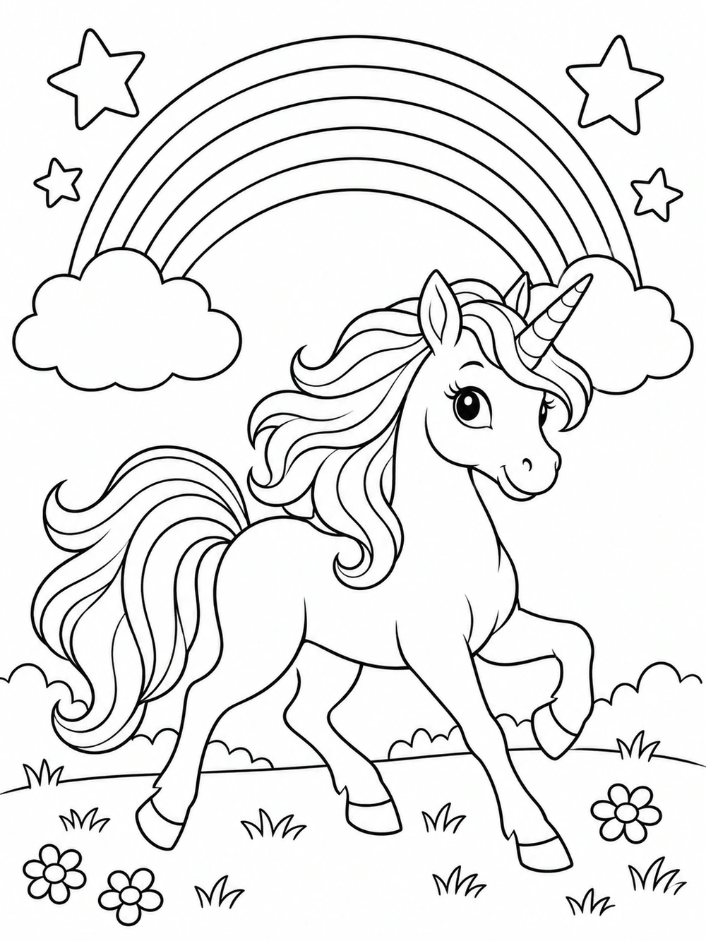 A unicorn trotting under a large rainbow with two fluffy clouds.