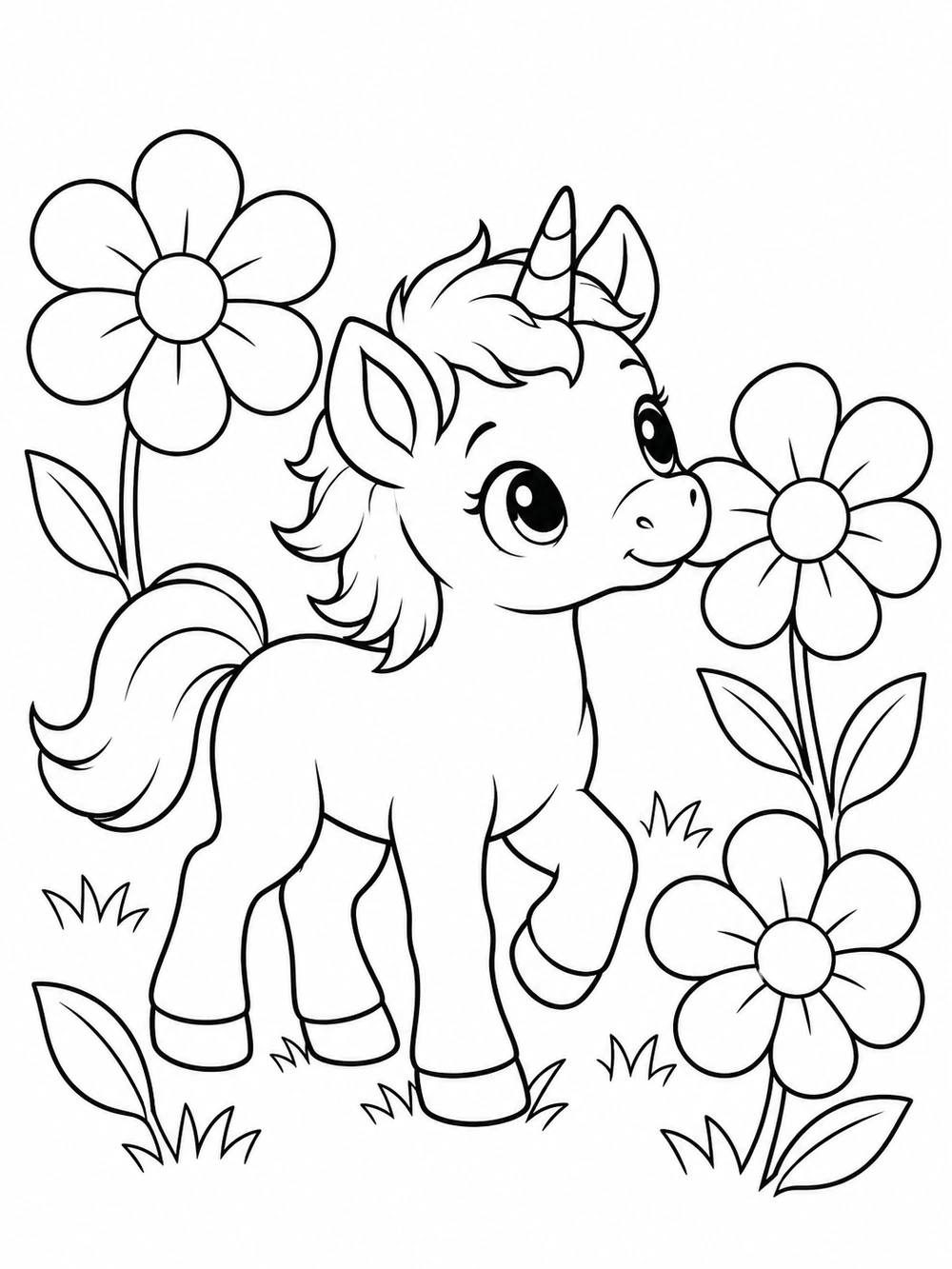 A small unicorn foal with oversized flowers in a simple meadow.