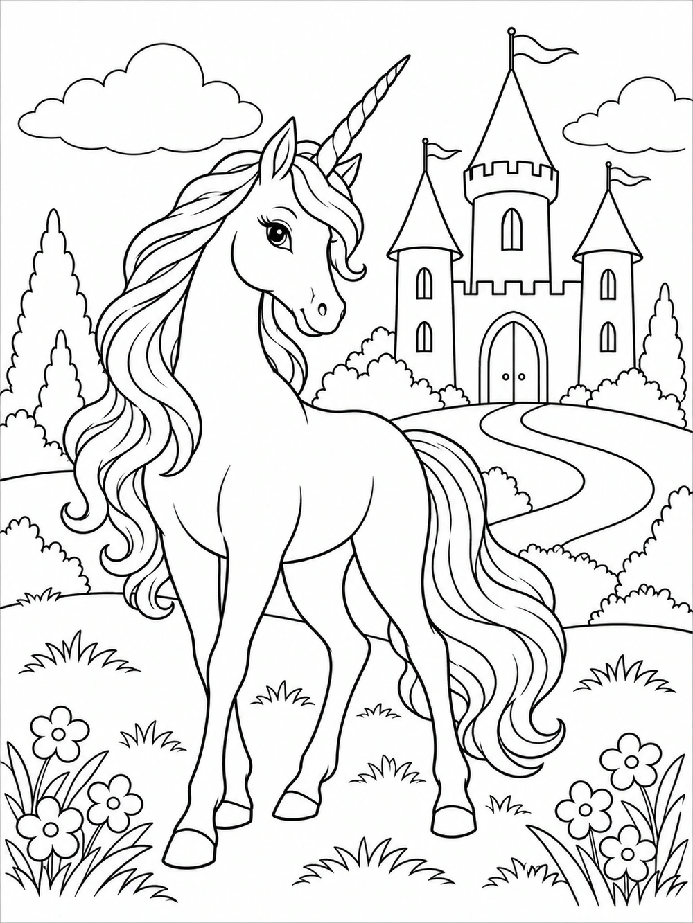 A graceful unicorn in the foreground of a fairytale castle with three towers and a winding path.