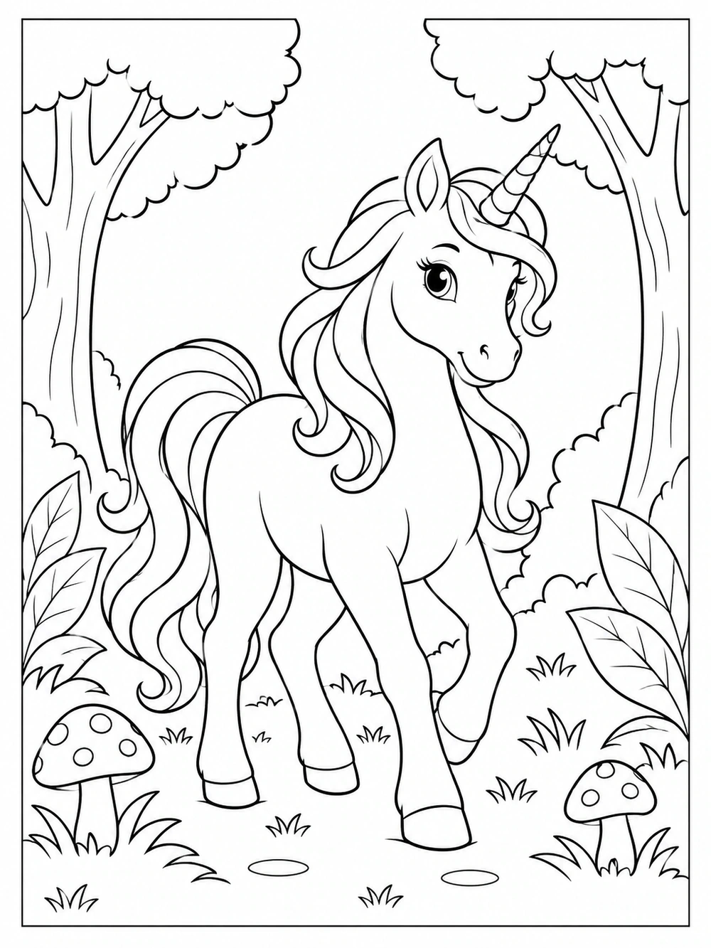 A gentle unicorn walking through a forest with rounded trees and mushrooms.