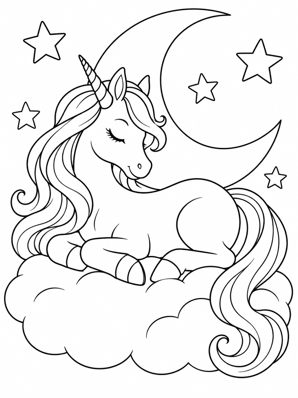 A reclining unicorn beneath a crescent moon and scattered large stars.