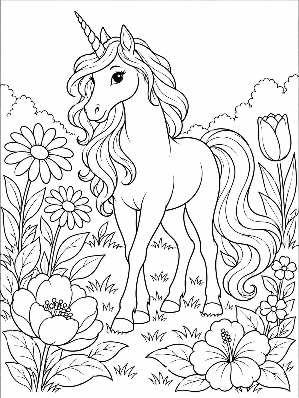 A unicorn surrounded by large flowers and leafy stems in a garden.