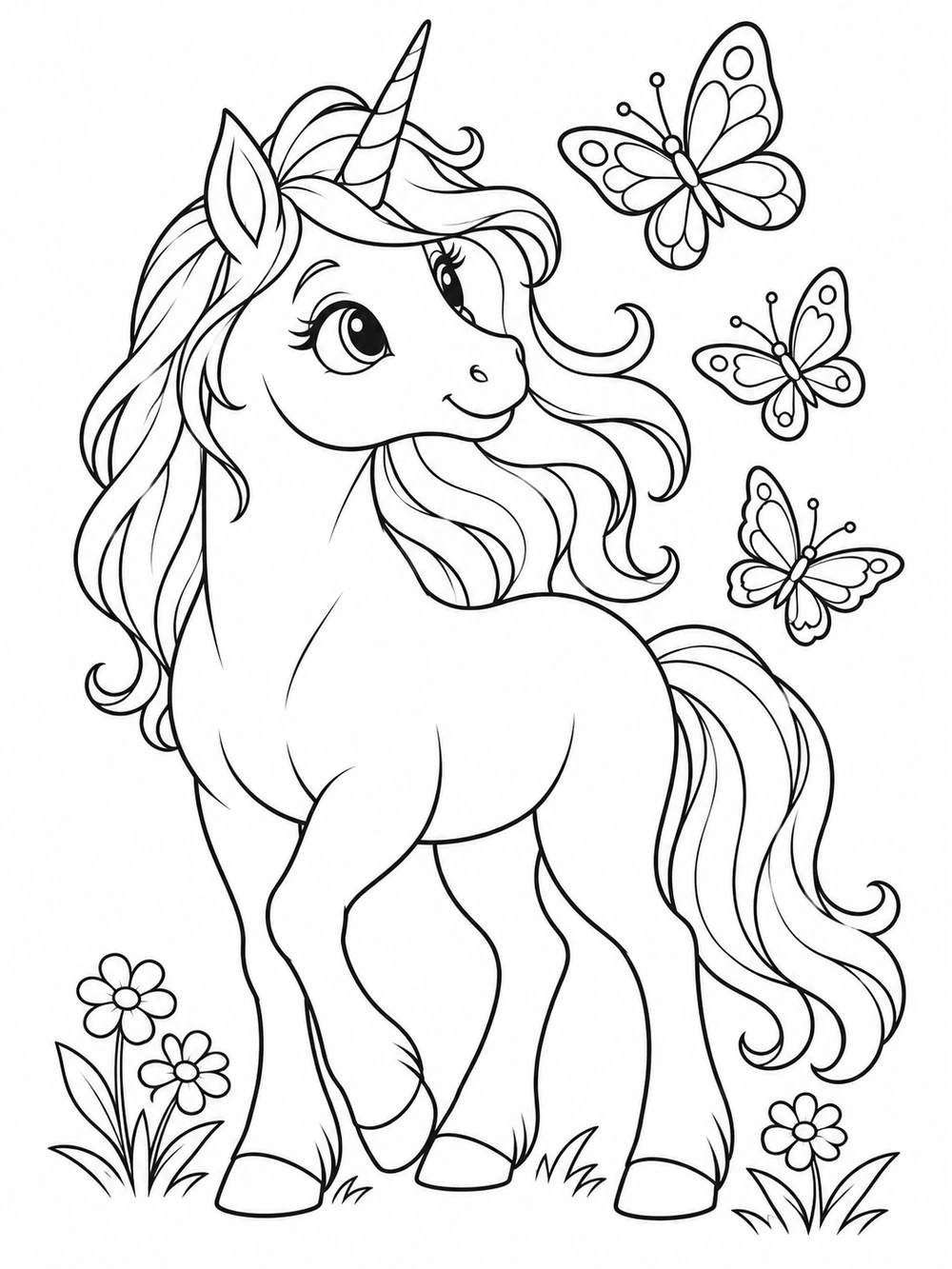 A large, expressive unicorn looks toward three butterflies beside its mane, with a few flowers at the bottom.