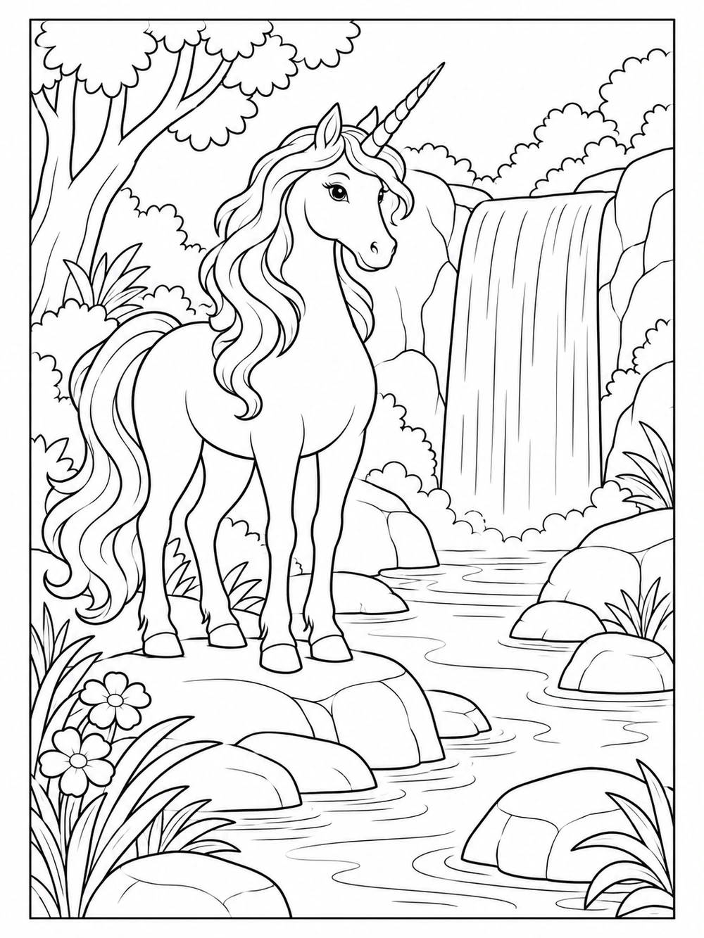 A unicorn beside a simple waterfall, stream, and a few smooth rocks.