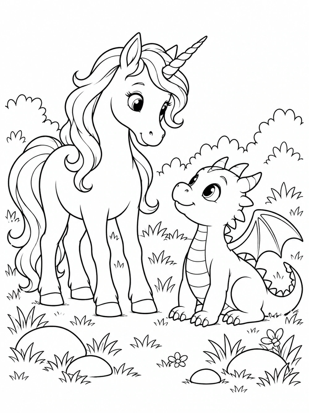 A friendly unicorn and small smiling dragon meeting in a grassy clearing.