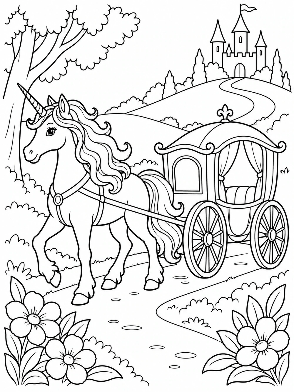 A unicorn pulling a simple carriage with large wheels along a path, with flowers beside it.