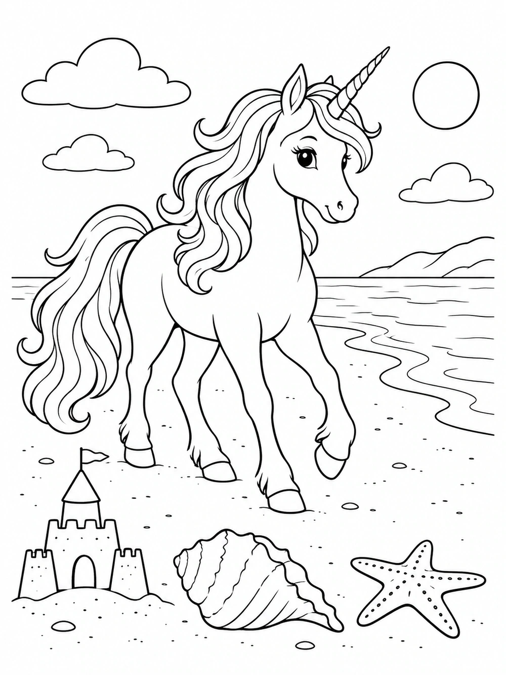 A black-and-white unicorn coloring page showing a unicorn walking on a beach with a sandcastle, large shell, starfish, clouds, and a curved shoreline.