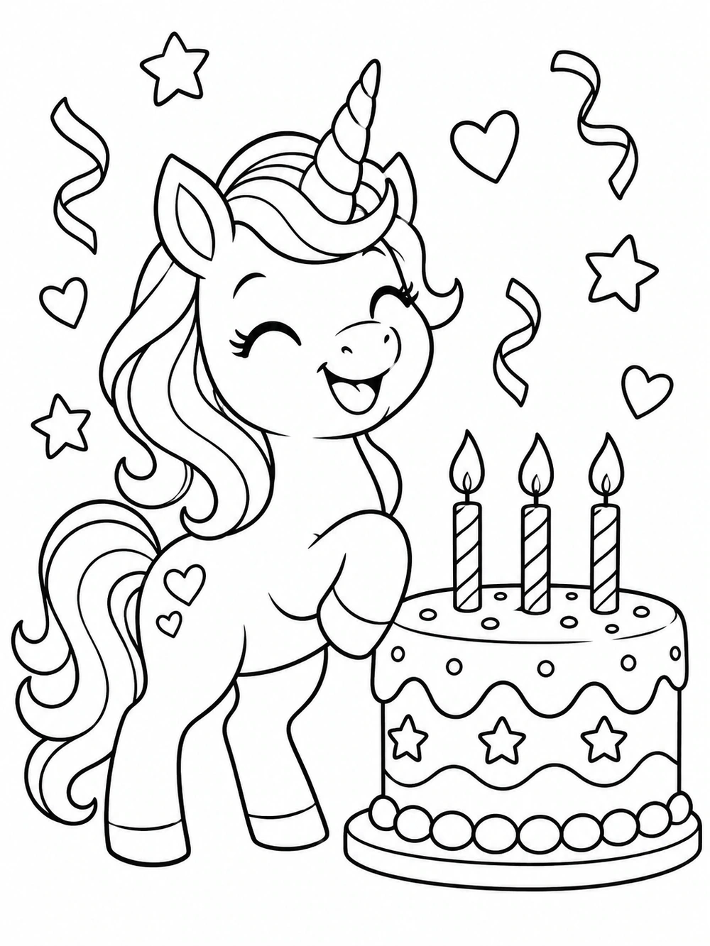 A cheerful unicorn beside a birthday cake topped with exactly three candles.