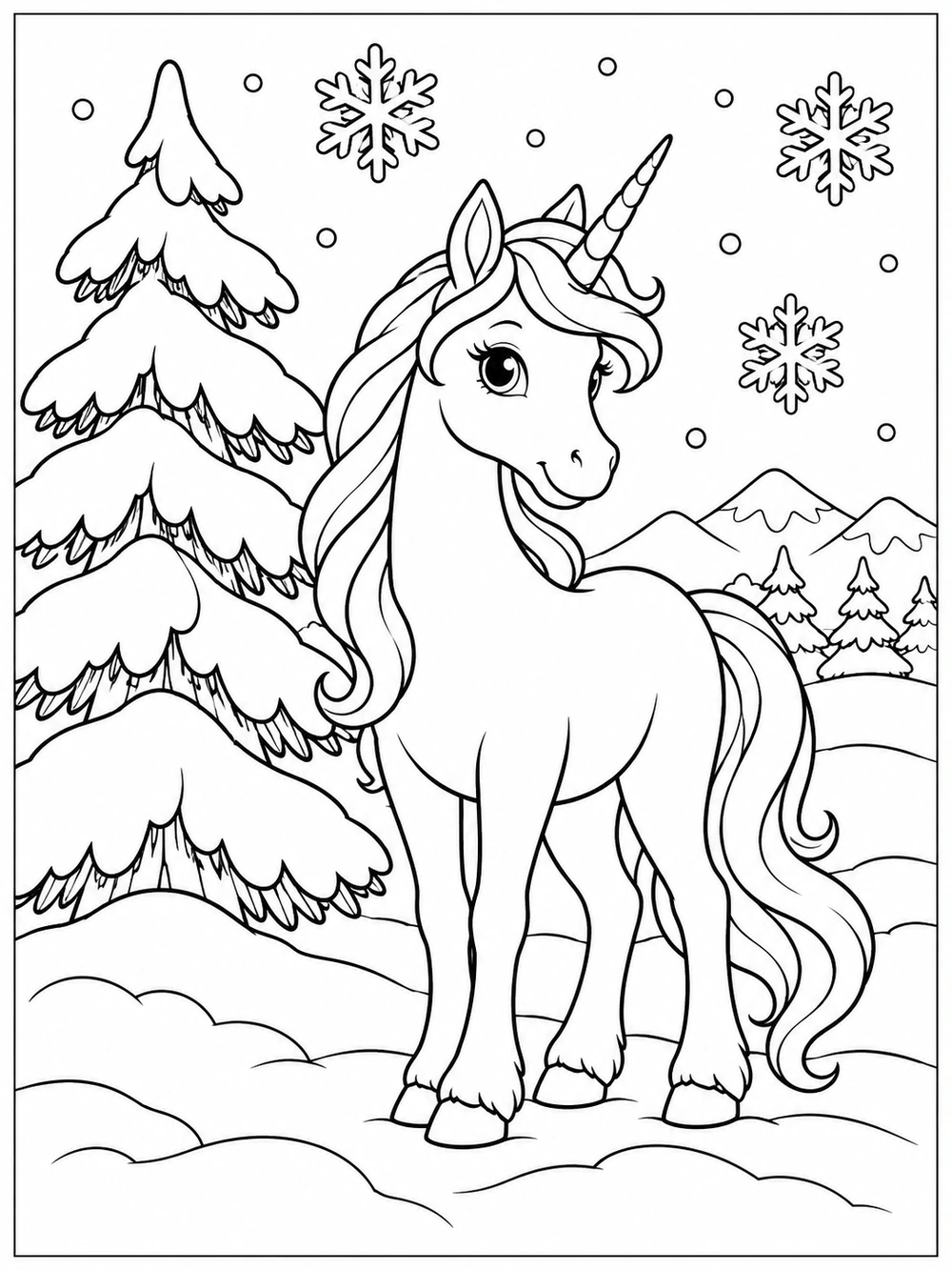 A black-outline unicorn in a winter scene beside a snow-covered evergreen, with large snowflakes in the sky.