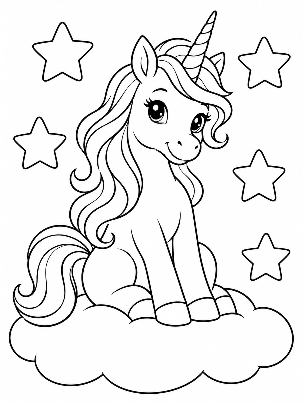 A seated unicorn perched on a fluffy cloud with large stars around it.