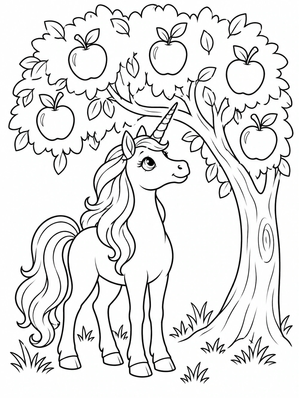A unicorn beneath an apple tree with several large apples and simple grass.