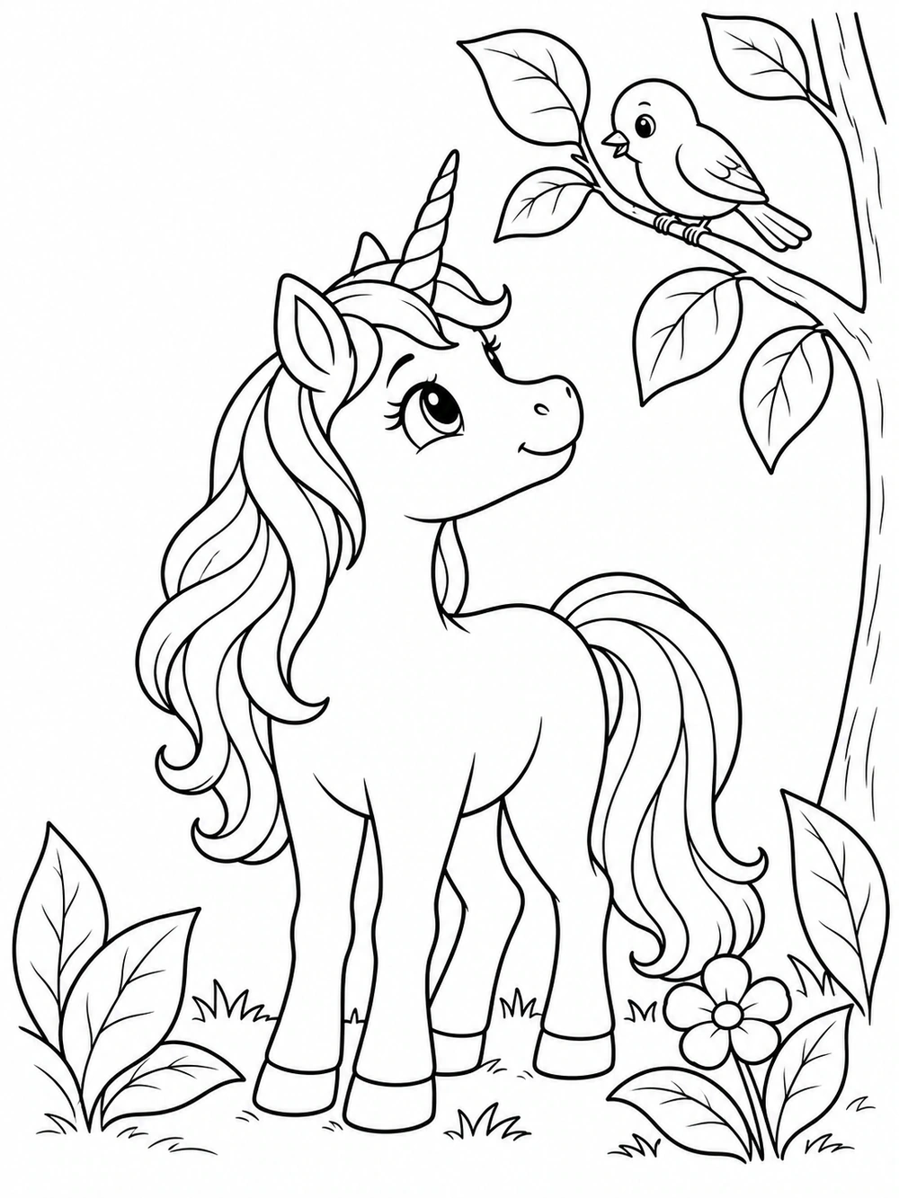 A unicorn looking up at one small bird perched on a leafy branch.