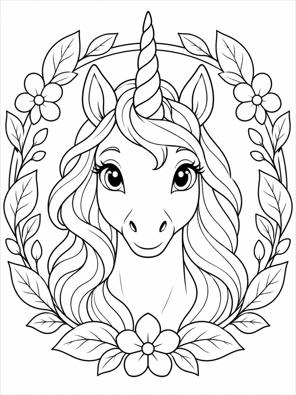 A friendly unicorn head framed by a circular pattern of leaves and broad petals.