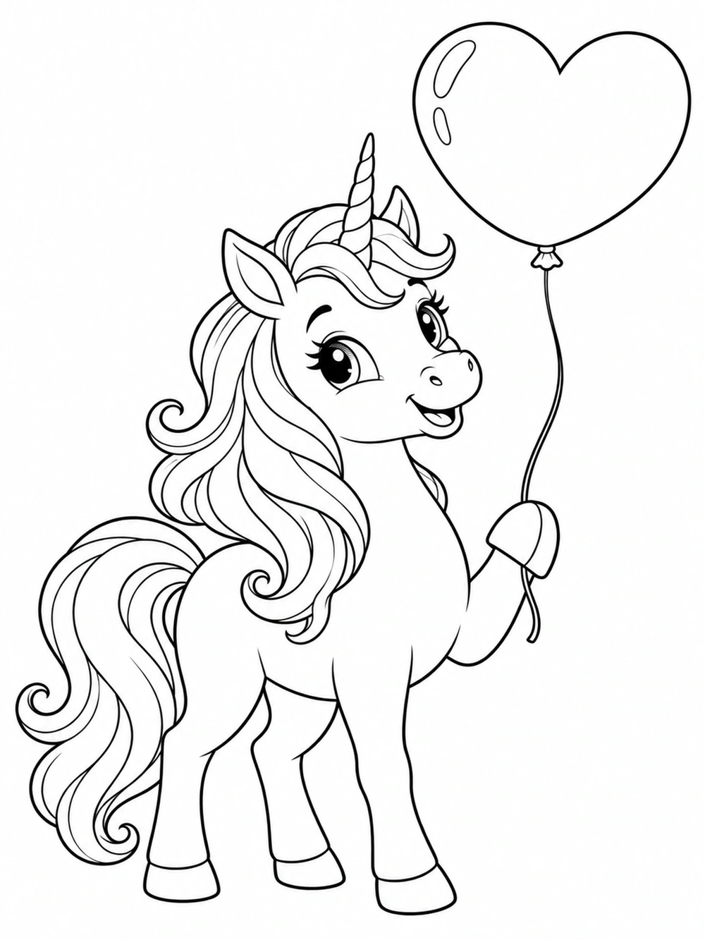 A standing unicorn holding one large heart-shaped balloon.