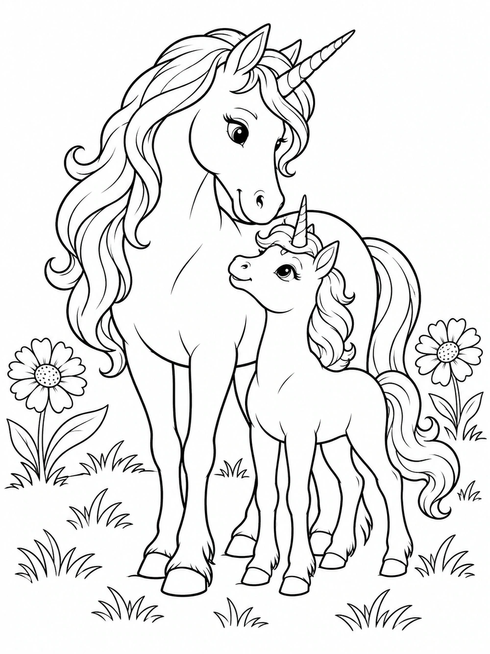 A parent unicorn standing beside a smaller foal in a simple meadow.