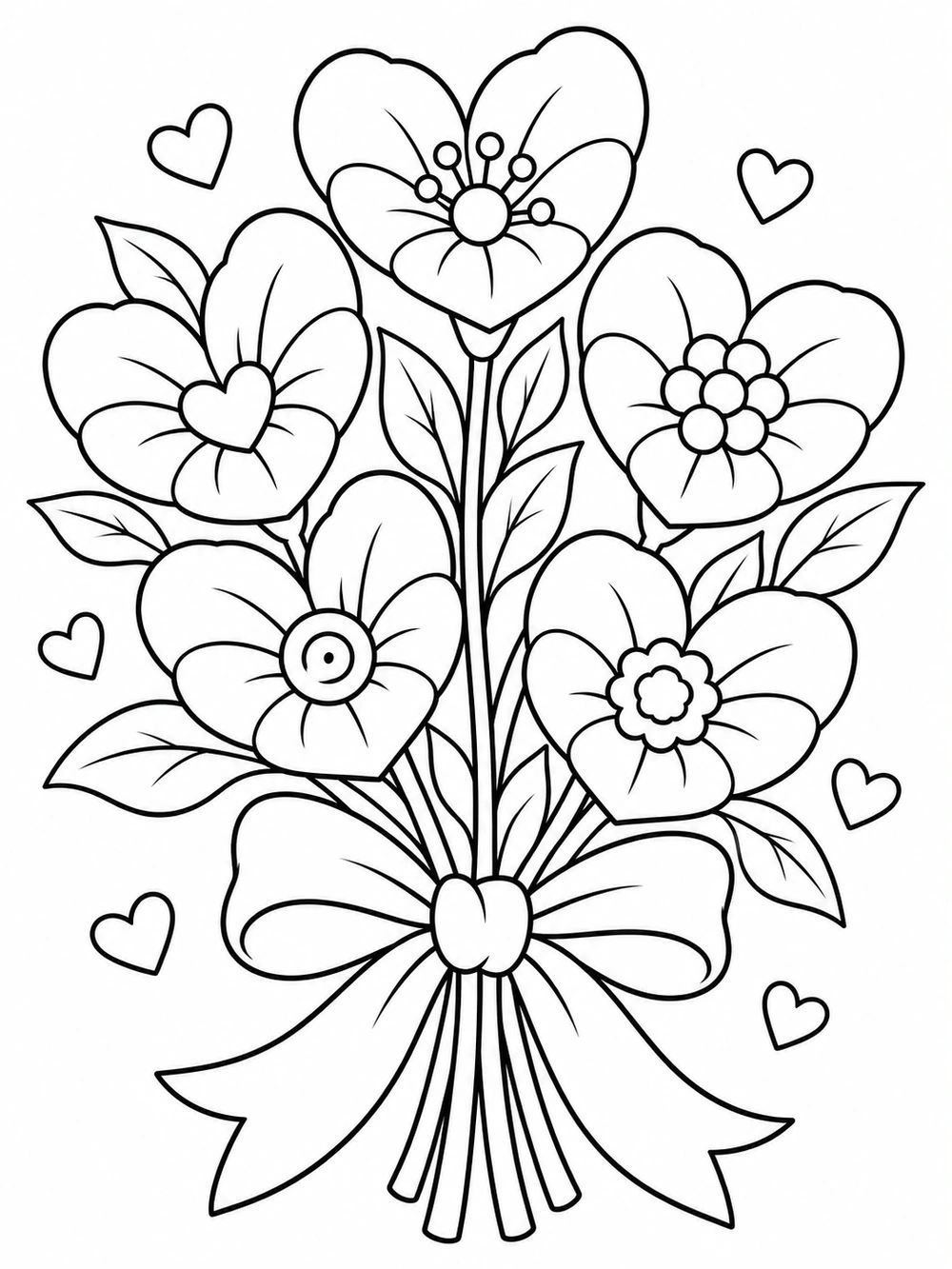 Five heart-shaped flowers with distinct centers and leaves, tied with a broad ribbon bow and surrounded by small hearts.