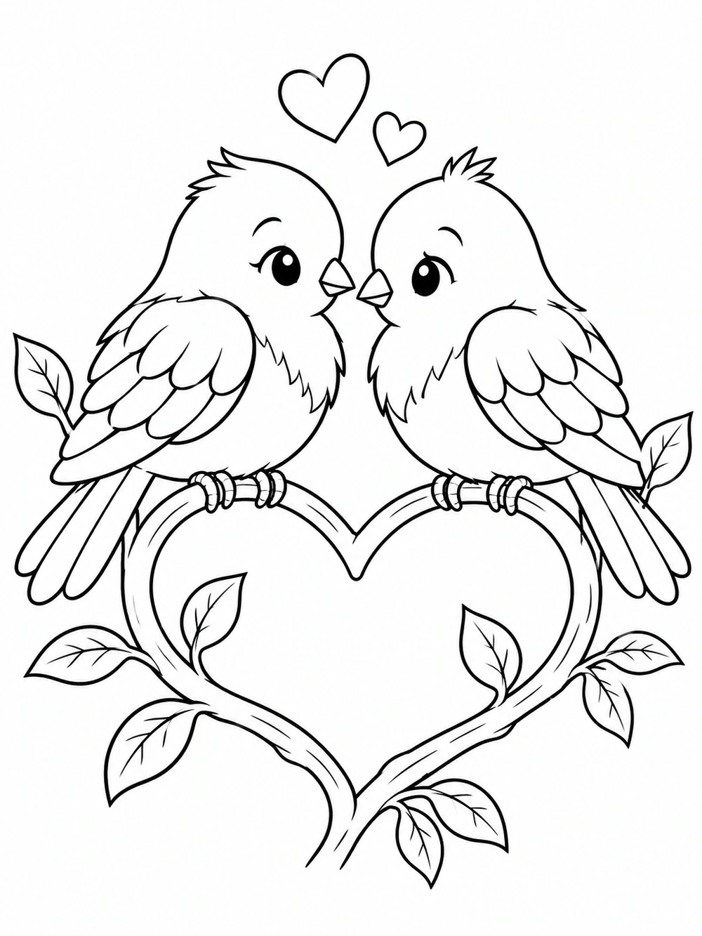 Two friendly lovebirds facing one another on a heart-shaped branch, with leaves and floating hearts.