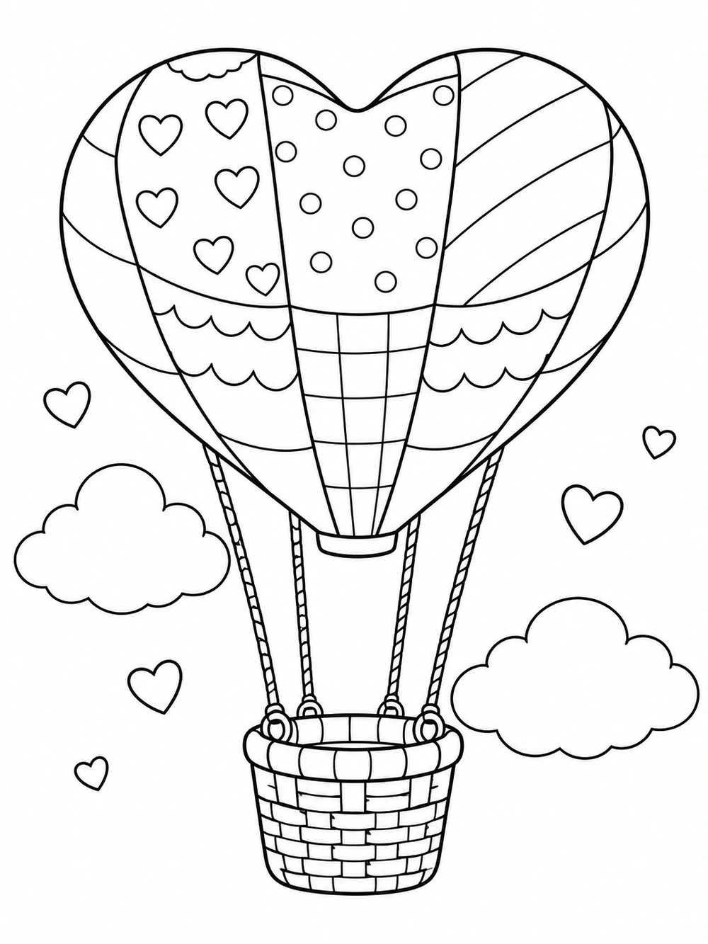 Heart-shaped patchwork hot air balloon with four ropes, a woven basket, two clouds, and small hearts in the sky
