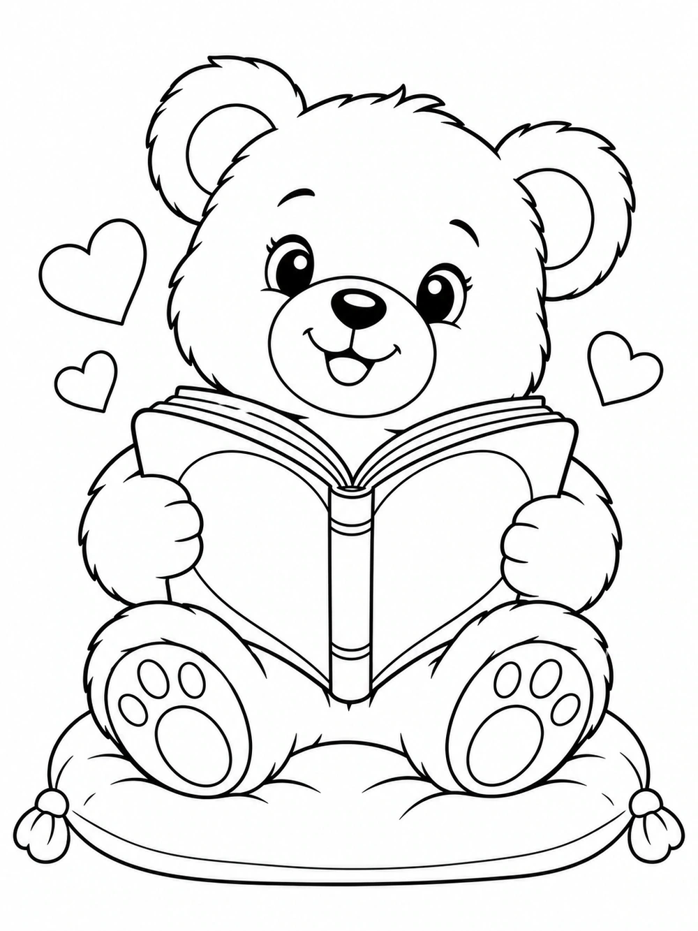 A seated teddy bear holding an open heart-shaped book, resting on a cushion with small hearts nearby.