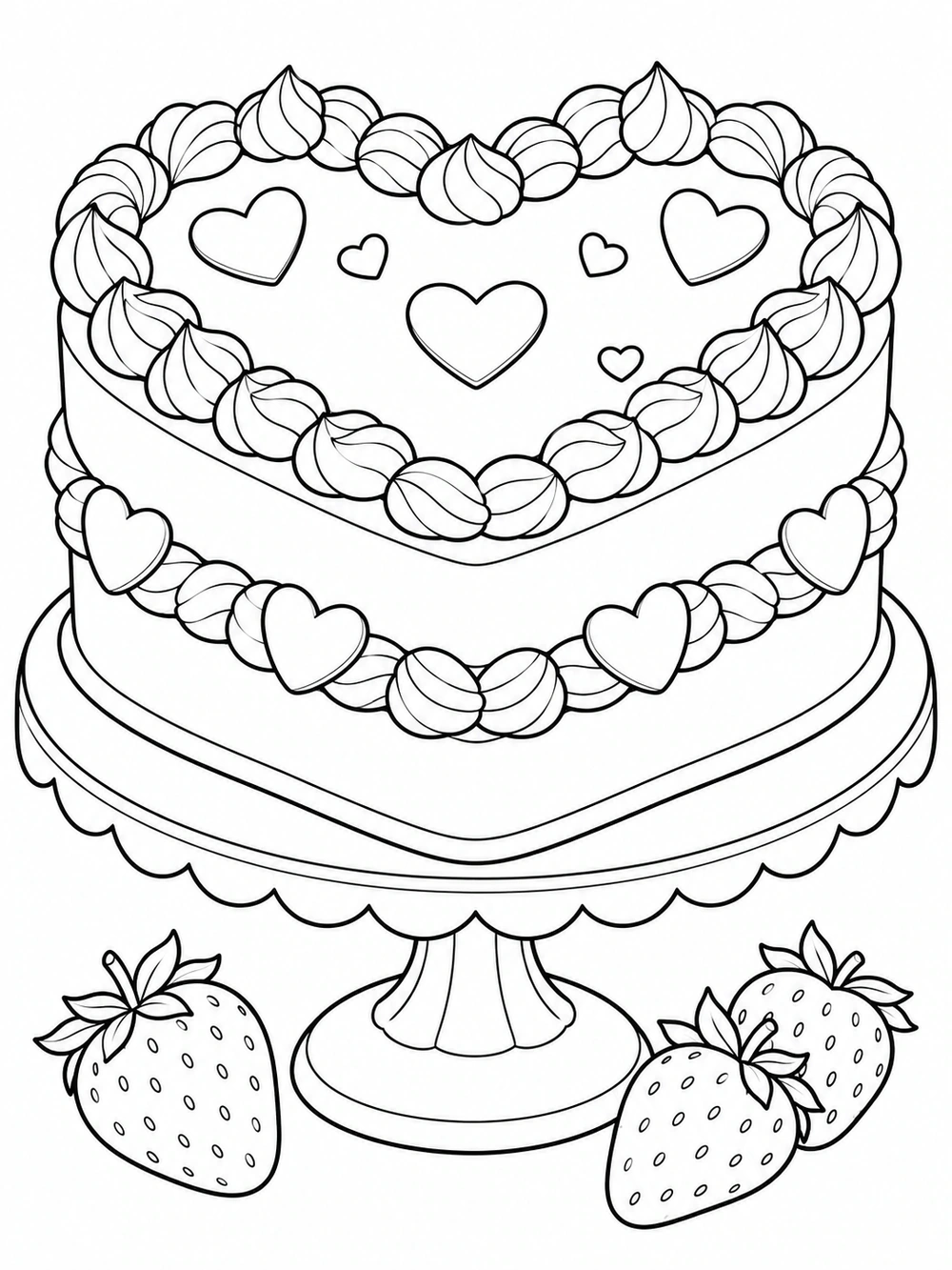 Two-layer heart-shaped cake decorated with heart sprinkles on a pedestal stand, beside three strawberries