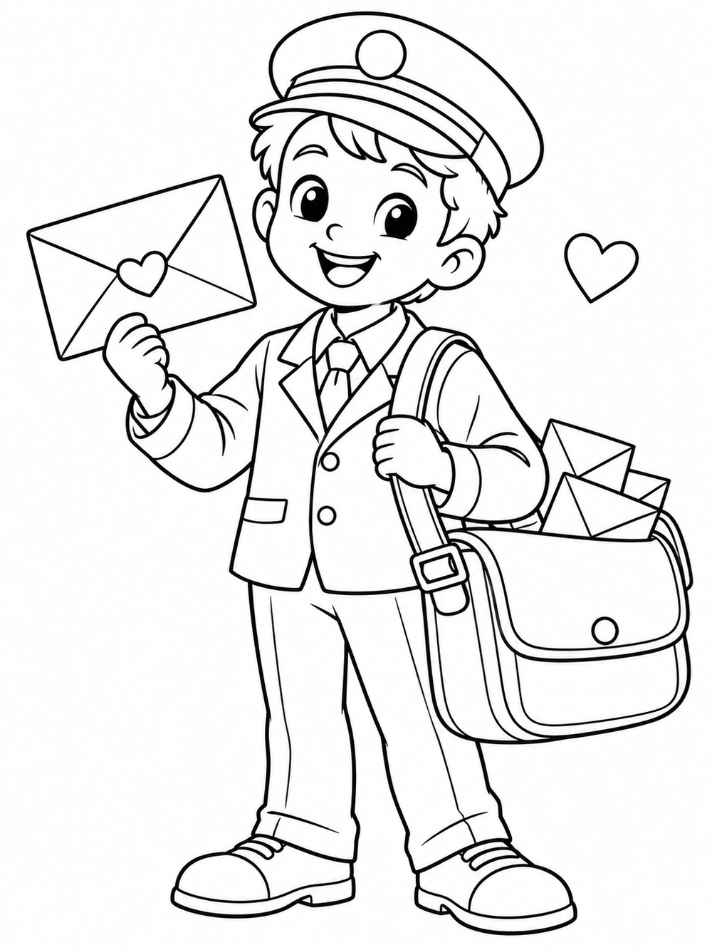 Smiling mail carrier holding a heart-sealed envelope beside a roomy mailbag with letters peeking out