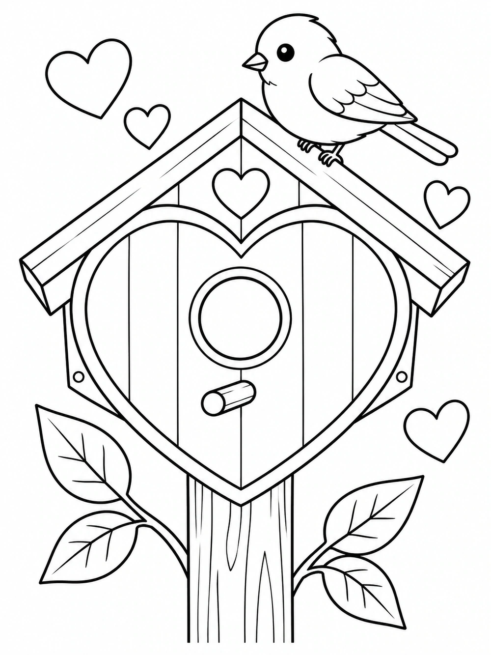 Heart-shaped birdhouse on a wooden post, with a round entrance, a bird perched on its roof, leaves, and floating hearts.
