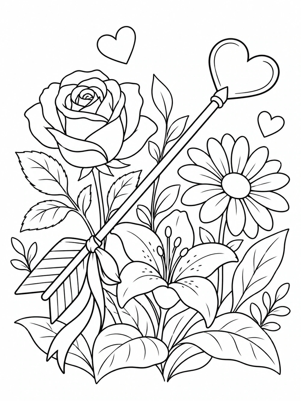 Decorative heart-tipped arrow crossing a garden of three flowers, broad leaves, a ribbon, and floating hearts