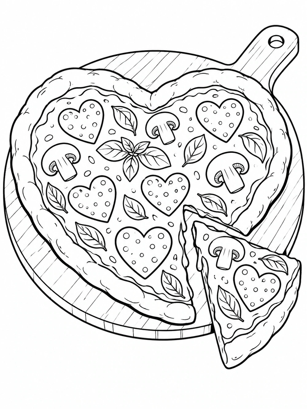 Heart-shaped pizza with heart toppings, mushroom slices, and basil leaves on a round serving board, with one slice beside it