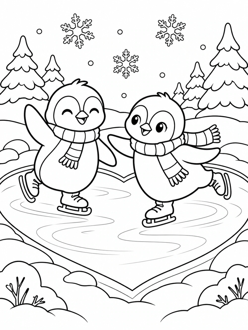 Two scarf-wearing penguins skating on a heart-shaped pond, one waving and the other balancing with wings out.