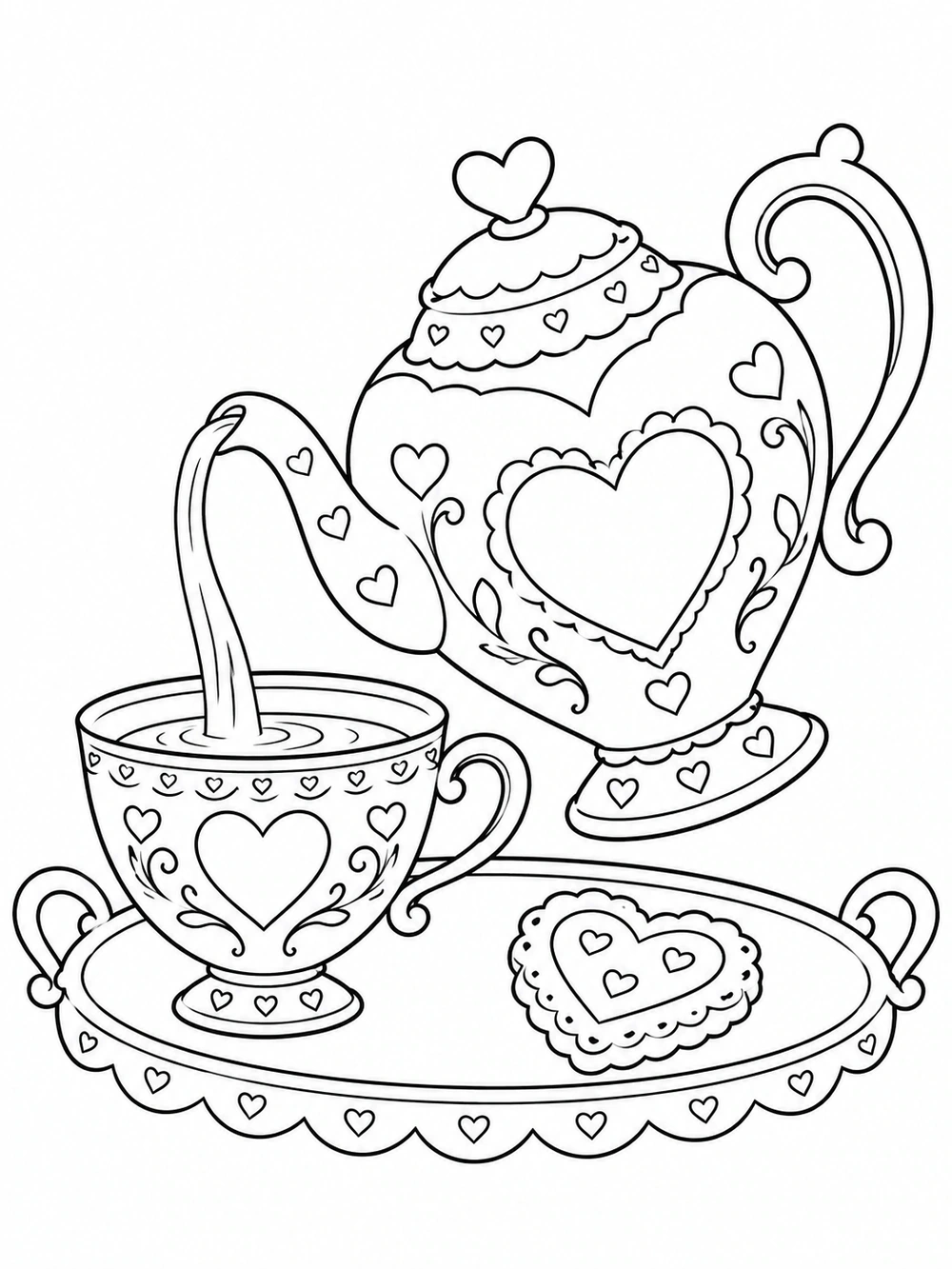 Heart-shaped teapot pouring into a matching heart-decorated teacup on an oval tray beside a heart-shaped biscuit