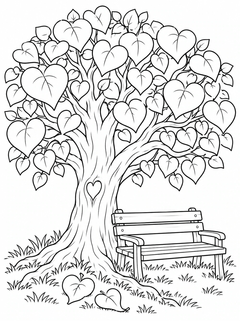 Large tree with many heart-shaped leaves, a wooden bench beneath it, and two fallen hearts near its roots.