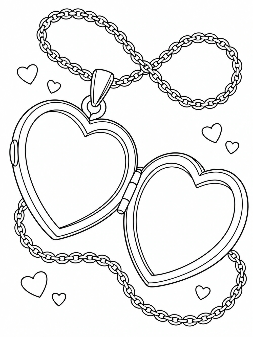 Open heart-shaped locket with two blank panels, a looping chain, and small hearts