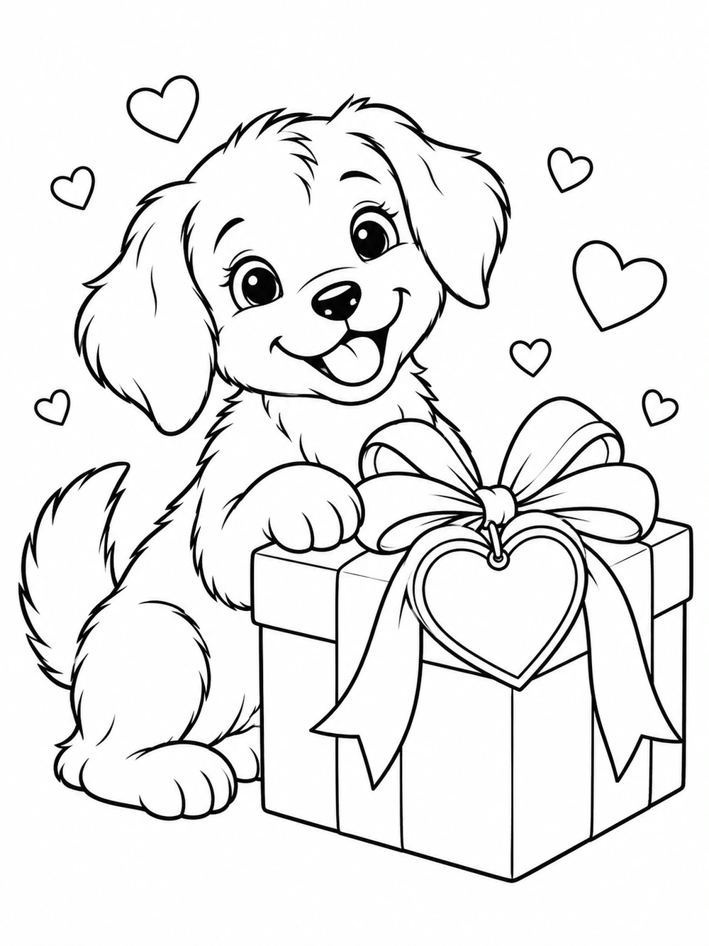 Floppy-eared puppy with one raised paw beside a large ribbon-wrapped gift box and heart-shaped tag, with small hearts around them.