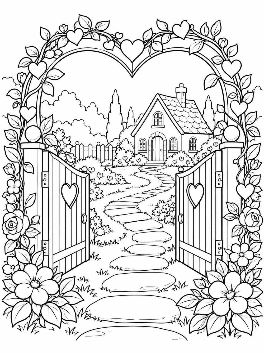Heart-shaped garden arch above an open gate, with a winding path leading to a cottage among flowers and plants