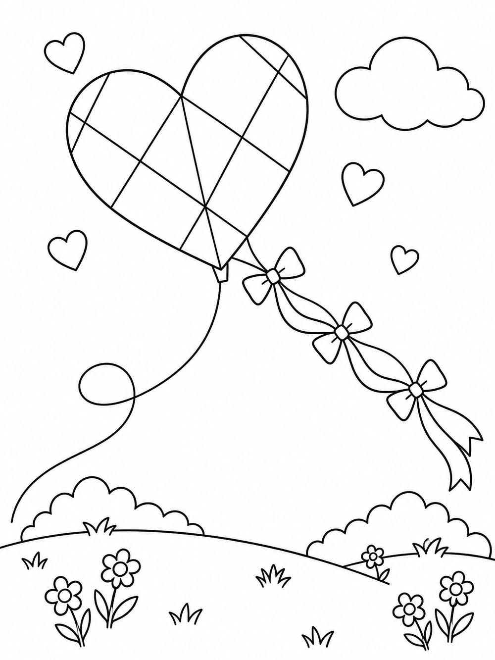 Large diamond-patterned heart-shaped kite with a curling string and three bows flying above a gentle flower-dotted hill, with a cloud and floating hearts.