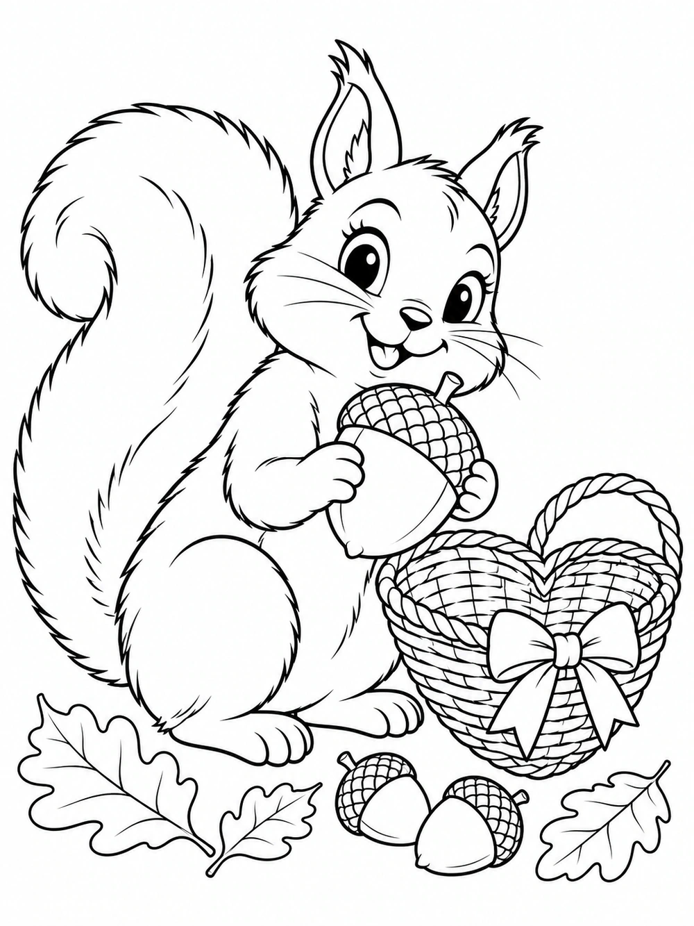 Friendly squirrel with a large curved tail holding an oversized acorn beside a heart-shaped woven basket, with leaves and two small acorns on the ground.