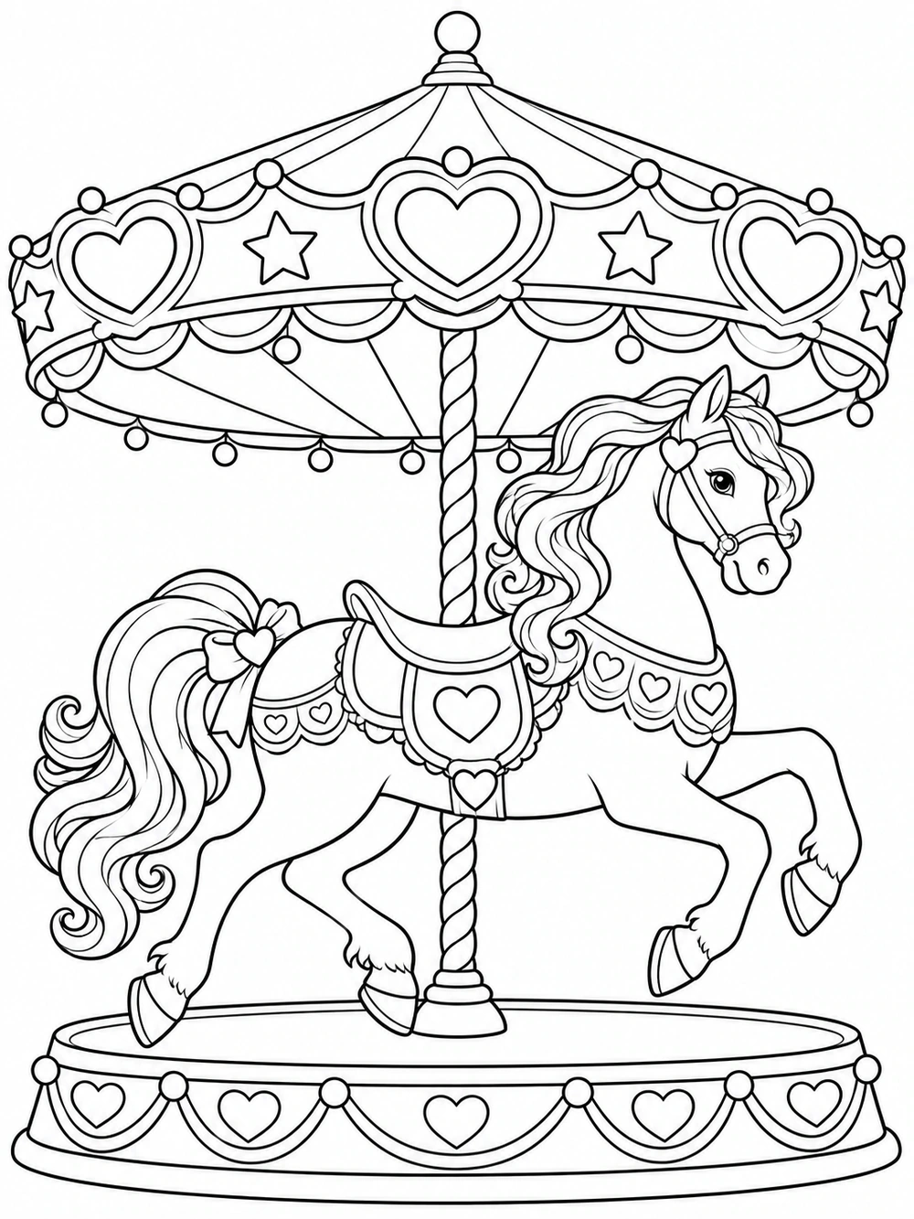 A flowing-maned carousel horse with a heart-decorated saddle beneath a canopy of hearts and stars, above a curved carousel base.