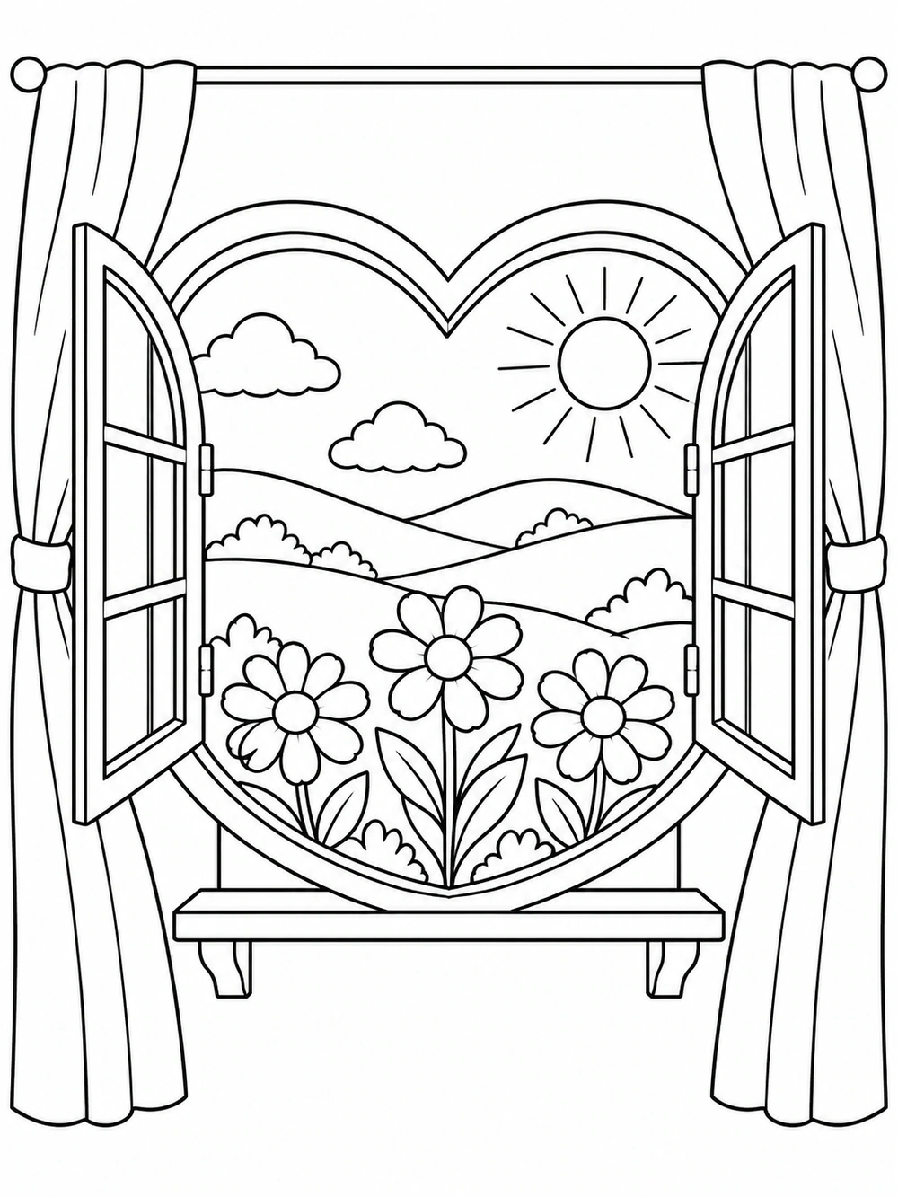 Heart-shaped divided window with open shutters and curtains, framing rolling hills, a sun, and three large flowers.
