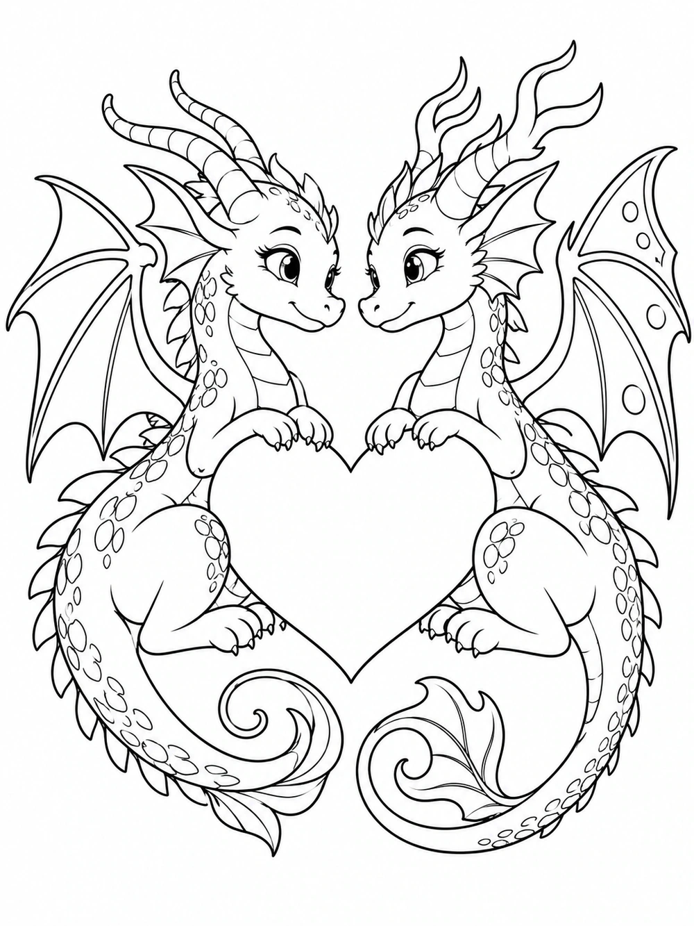 Two smiling, horned dragons with wings and curled tails nestle around a large heart.